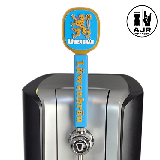 Löwenbräu-inspired beer tap handle fitted to a PerfectDraft Pro home beer machine for a premium home bar setup.