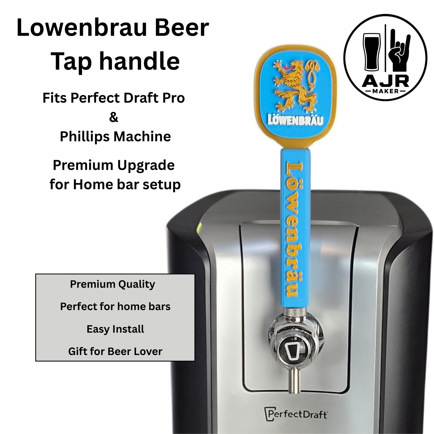 Custom Löwenbräu-inspired beer tap handle with a premium finish for PerfectDraft Pro and home bar enthusiasts.