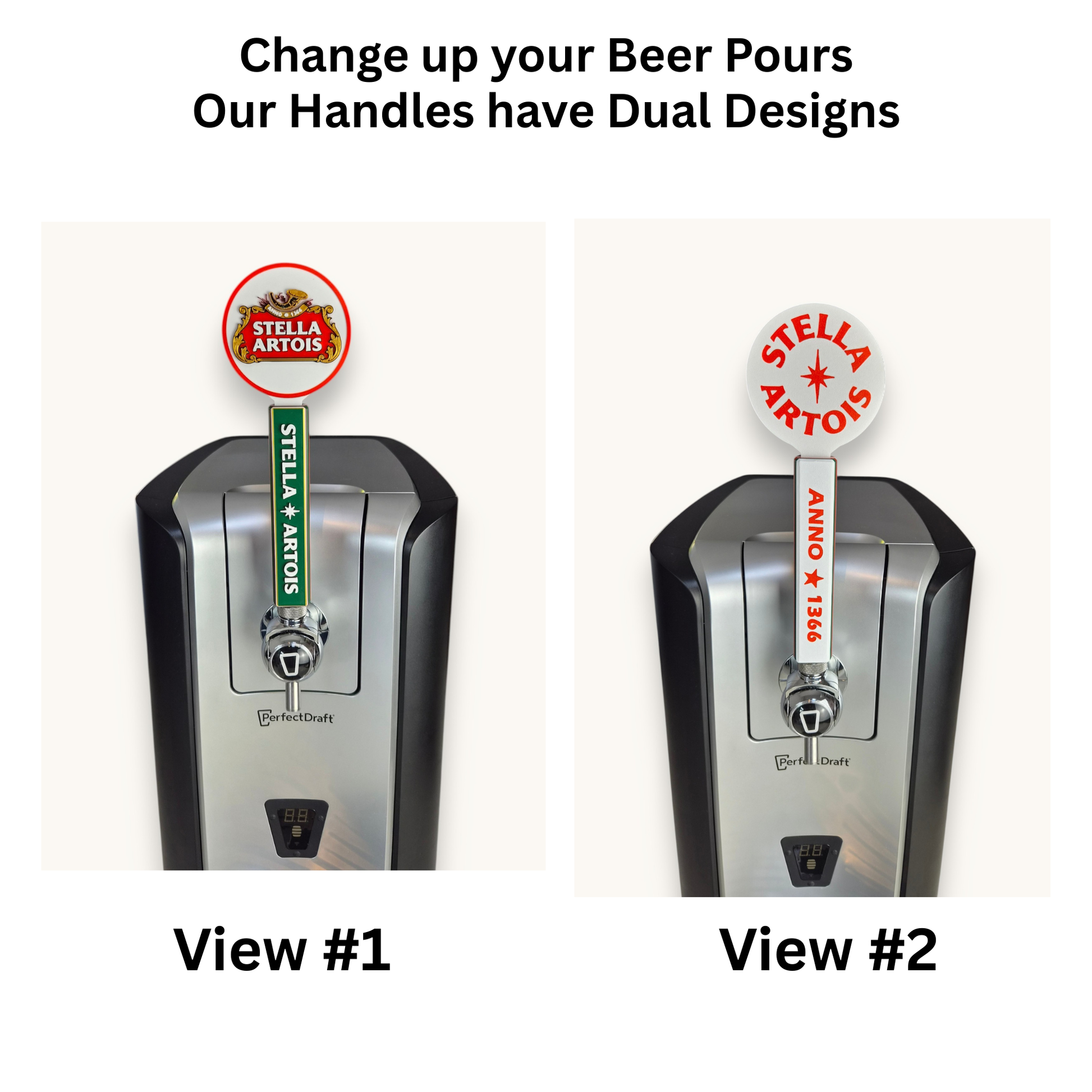 Stella Artois-inspired tap dual sided handle installed on a PerfectDraft Pro beer dispenser.