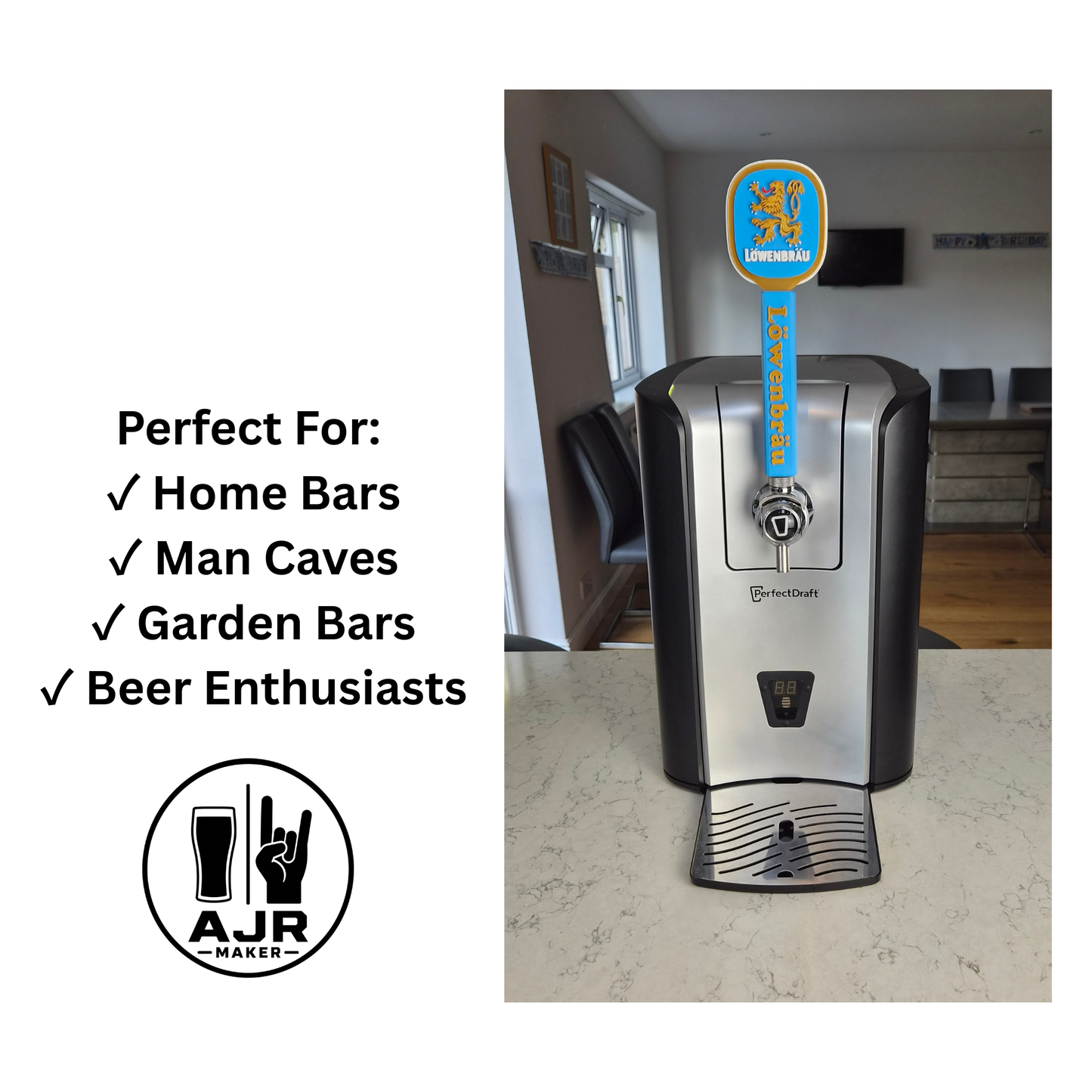 Löwenbräu-inspired beer tap handle enhancing a home bar, man cave, or garden bar with a professional pub-style look.