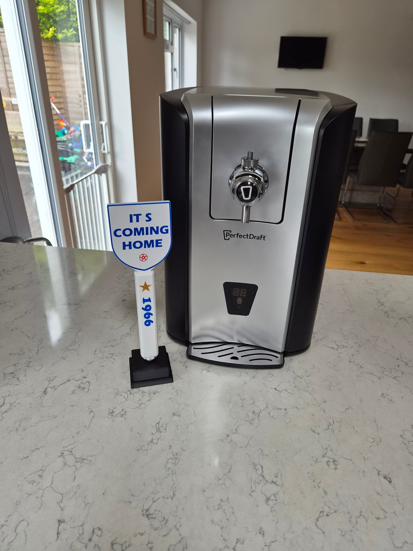 England football beer handle attached to PerfectDraft machine, ideal for home bars, man caves and match days